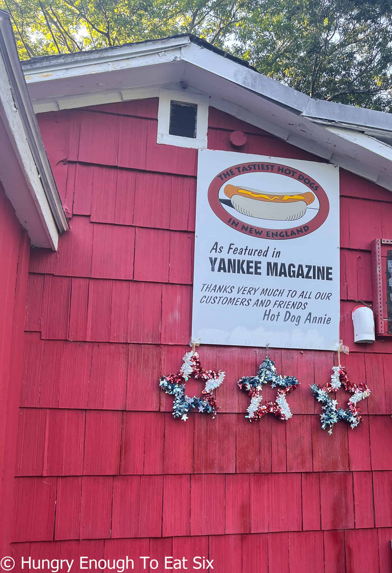 Sign about Yankee Magazine on the side of Hot Dog Annies, a central MA hot dog stand.