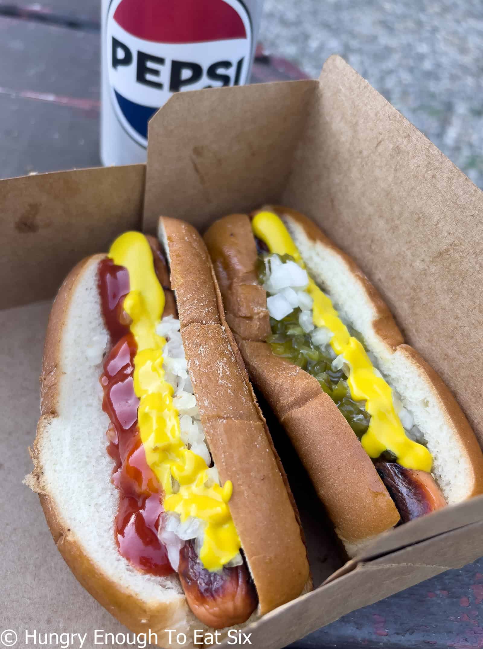 Two dressed hot dogs from a central MA hot dog eatery.