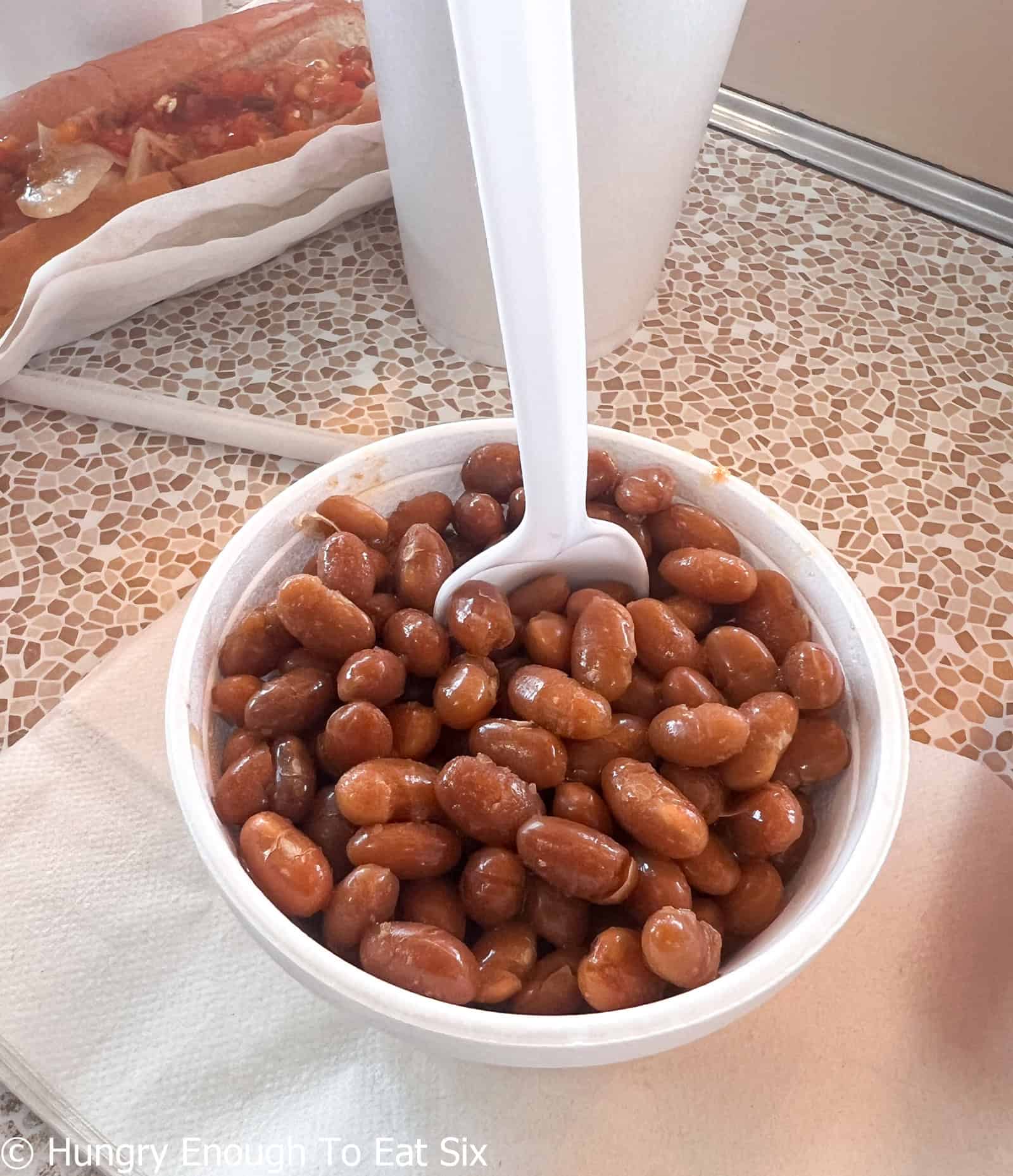 Dish of baked beans at Nick's Nest, a central MA hot dog stand.