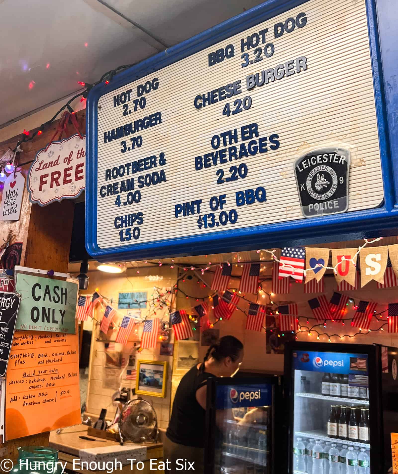 Menu inside Hot Dog Annie's, a central MA hot dog stand.