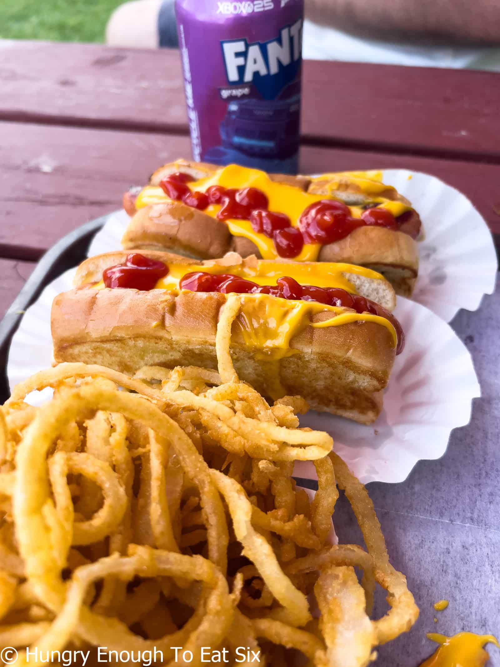 Two cheese dogs with onion rings from Art Bradish Snack Bar, a central MA hot dog stand.