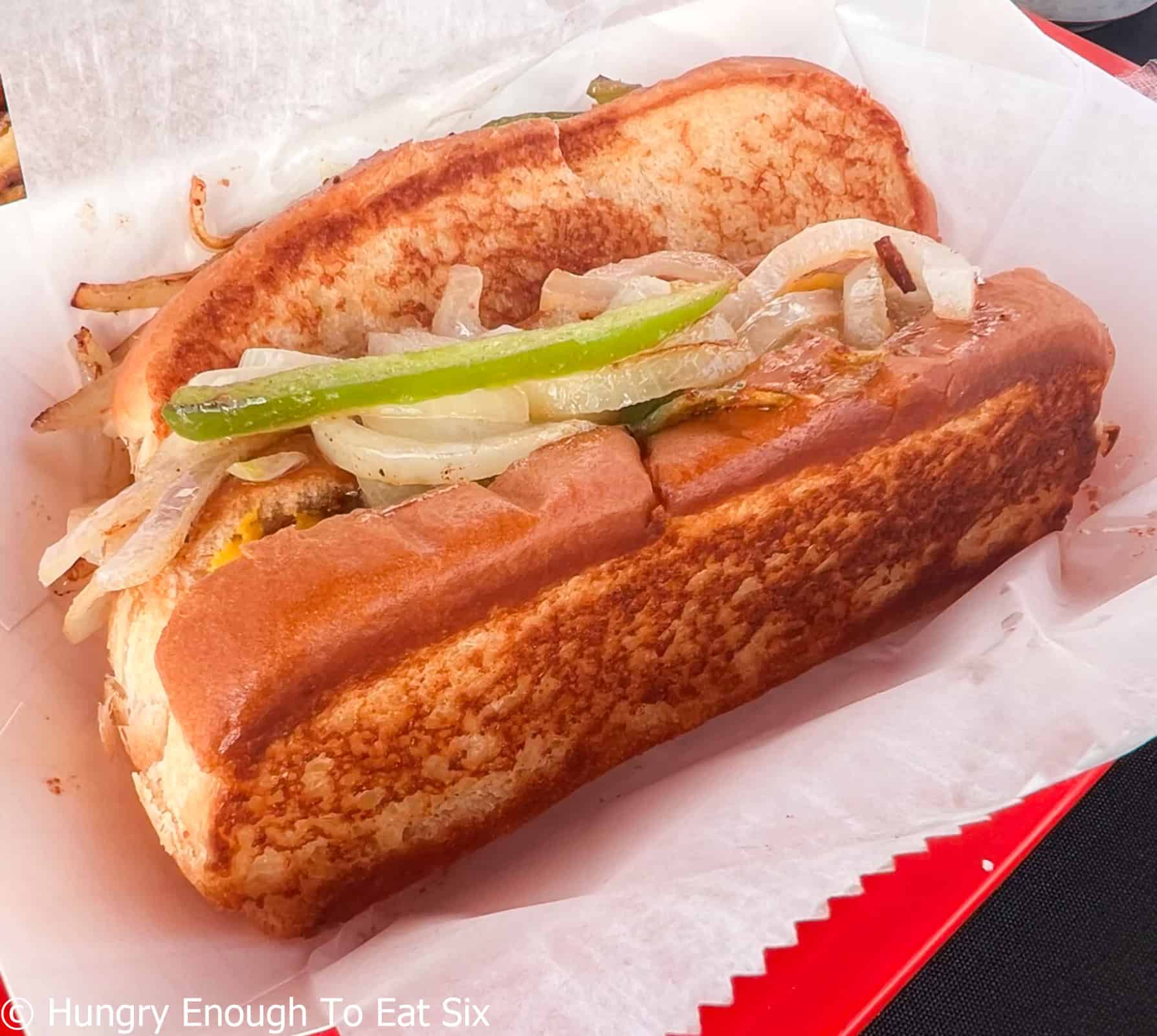 Peppers and onions topped hot dog from Dashboard Diner, a central MA hot dog stand.
