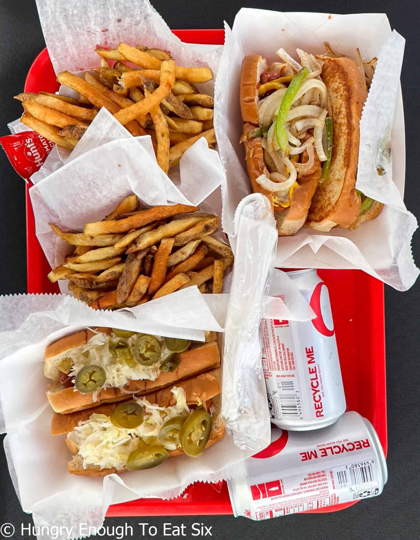 Hot dogs, fries, and sodas from Dashboard Diner, a central MA hot dog joint.