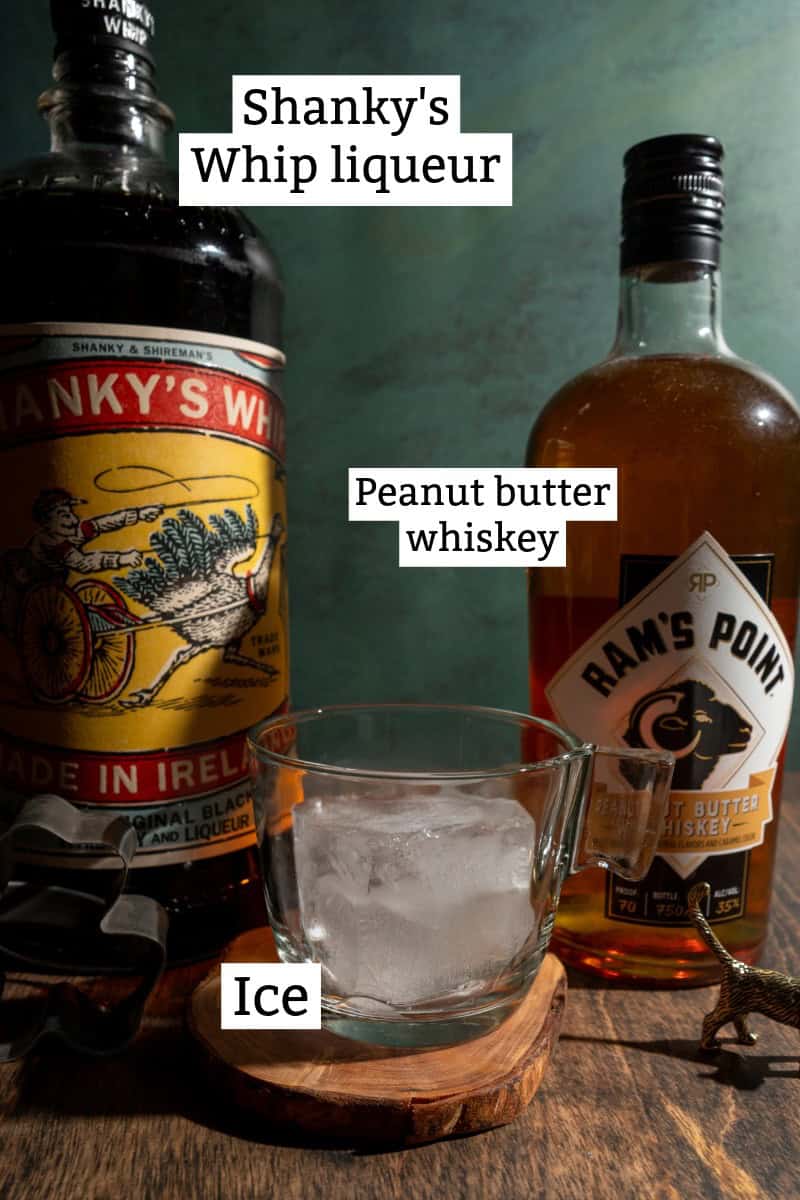 Ingredients: Shanky's Whip liqueur and peanut butter whiskey, ingredients in a Friday Night cocktai.