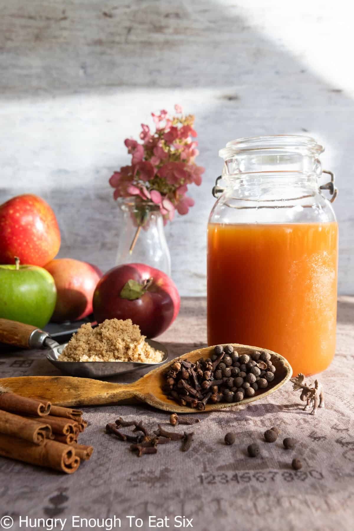 Apples, cider, brown sugar, dry spices, for hot apple cider.