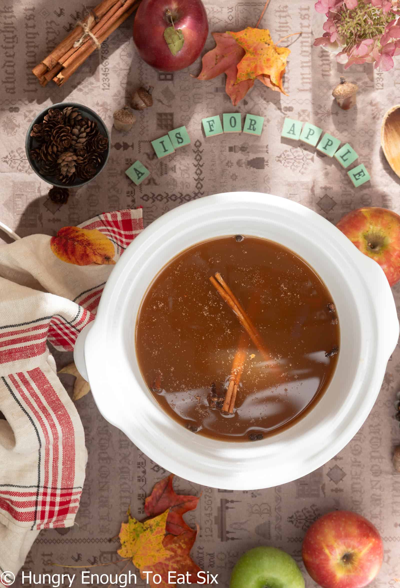 Crock pot with cooking apple cider with cinnamon sticks.