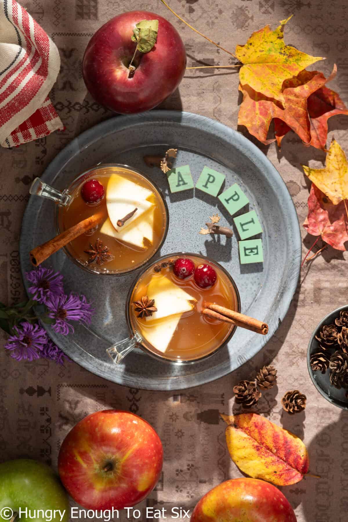 Glasses of hot spiced apple cider with cranberries and apples.