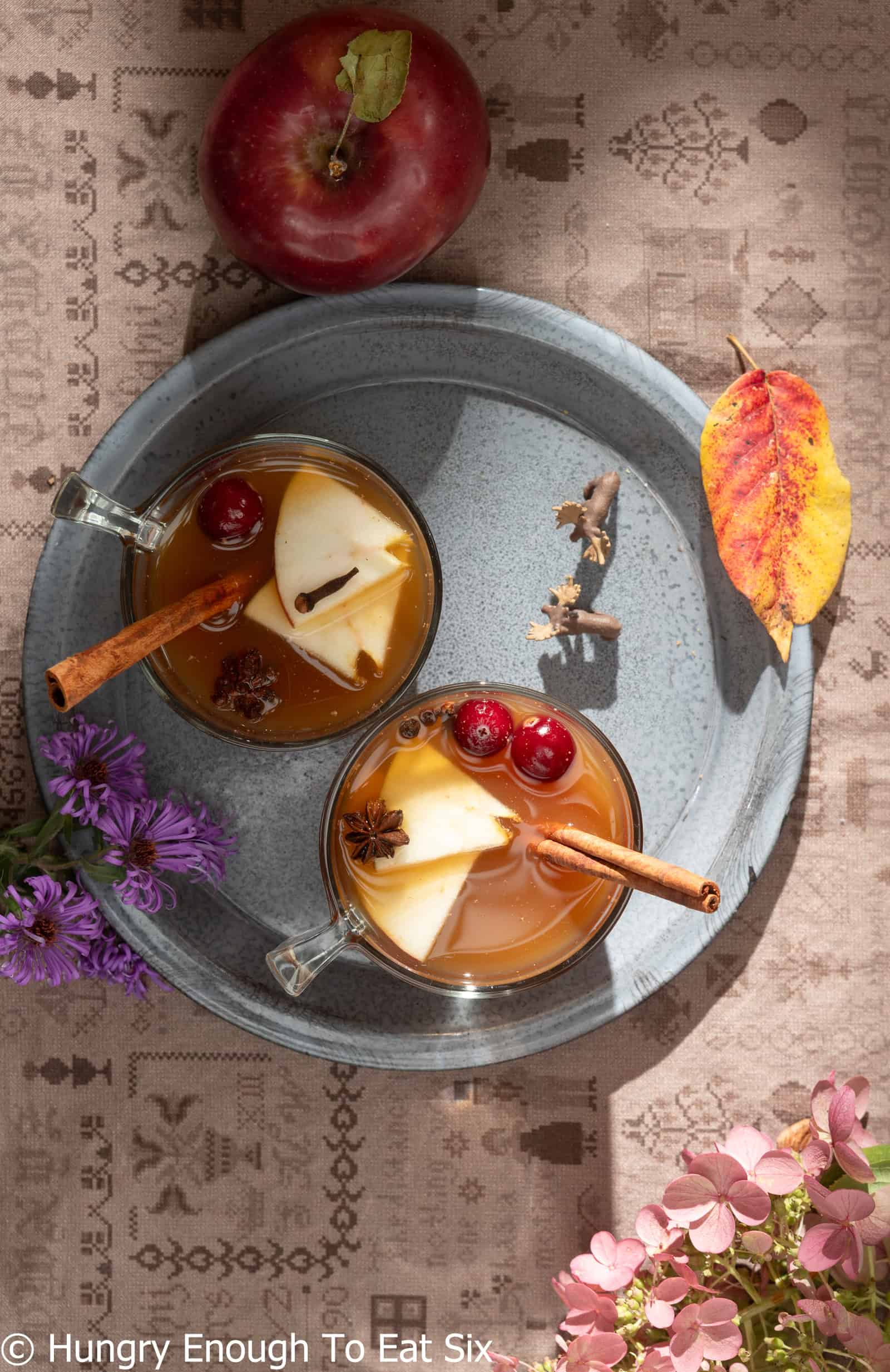 Cups of hot apple cider with cinnamon sticks.