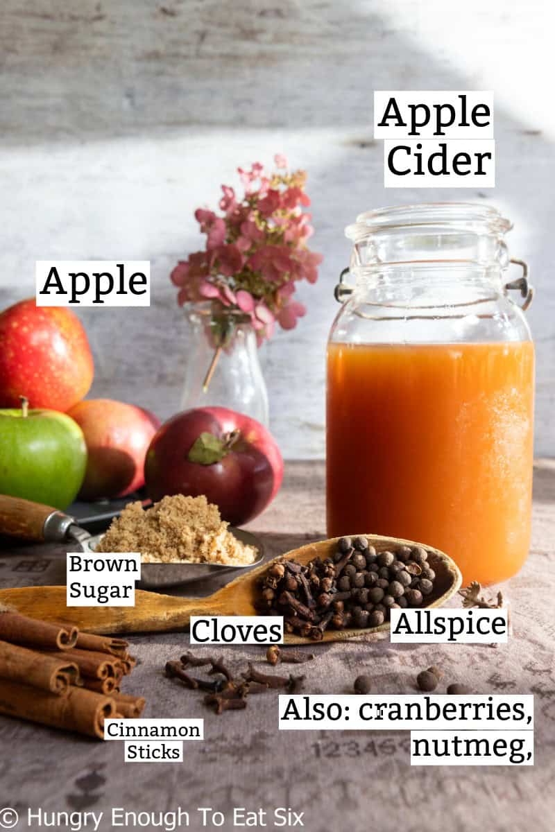 Ingredients for hot apple cider: cider, spices, brown sugar.
