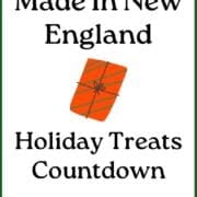 Black text on white background with illustration of gift, for made in new england holiday treats countdown.